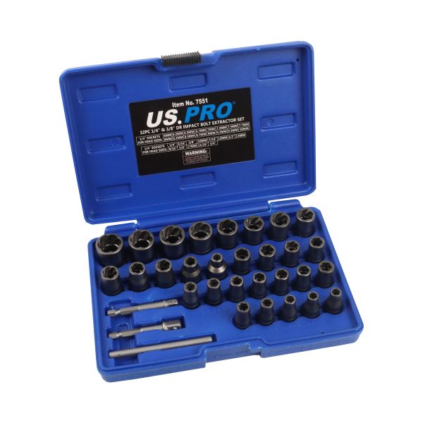 US PRO 32PC 1/4" & 3/8" DR IMPACT BOLT EXTRACTOR SET